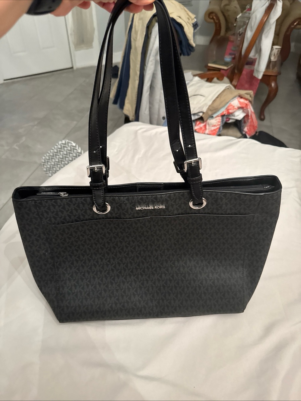 Michael Kors Black Signature Tote with Silver Accents